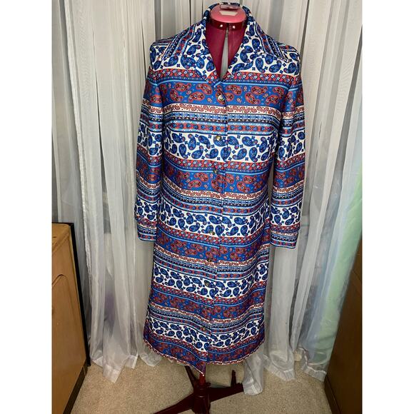 maxi dress with patterned yoke boho with coat 70s Vintage white blue red - Picture 10 of 16